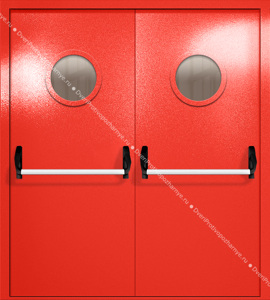 Двупольная дверь ei-60 с круглыми стеклами и ручками «антипаника» (цвет красный RAL 3020) Двупольная дверь ei-60 с круглыми стеклами и ручками «антипаника» (цвет красный RAL 3020)
