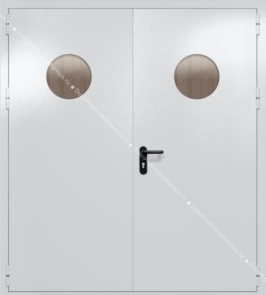 Двупольная дверь ei-60 с круглыми стеклами (цвет светло-серый RAL 7047)