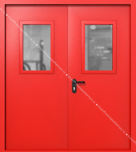 Двупольная дверь ei-60 со стеклами 600x400 (цвет красный RAL 3020)