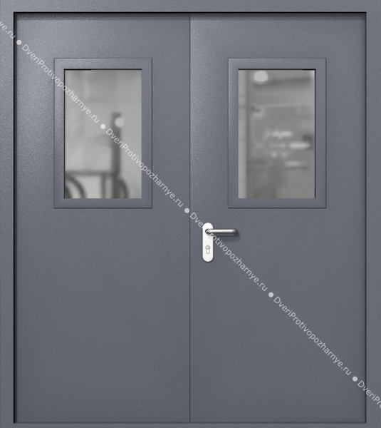 Двупольная дверь ei-60 со стеклами 600x400 и ручками хром (цвет темно-серый RAL 7015) Двупольная дверь ei-60 со стеклами 600x400 и ручками хром (цвет темно-серый RAL 7015)