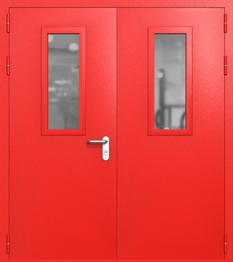 Двупольная дверь ei-60 со стеклами 700x300 и ручками хром (цвет красный RAL 3020) Двупольная дверь ei-60 со стеклами 700x300 и ручками хром (цвет красный RAL 3020)
