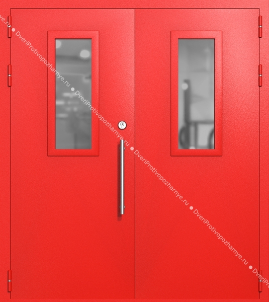 Двупольная техническая дверь со стеклами 700x300 (цвет красный RAL 3020)