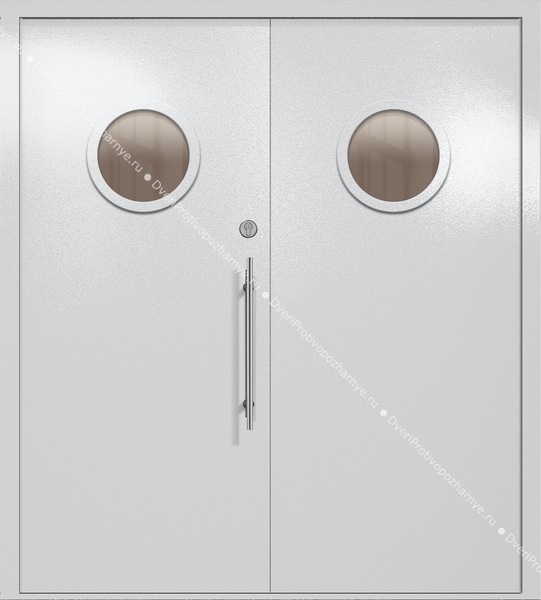 Двупольная техническая дверь с круглыми стеклами (цвет светло-серый RAL 7047)