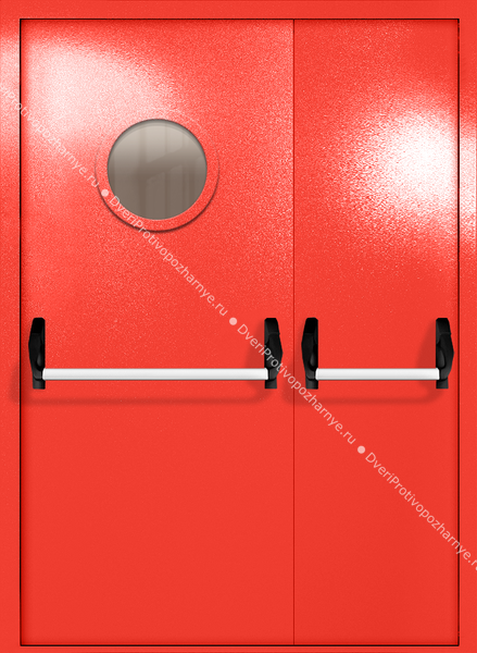 Полуторапольная дверь ei-60 с круглым стеклом и ручками «антипаника» (цвет красный RAL 3020)