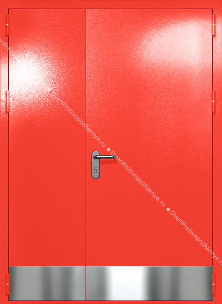 Полуторапольная глухая дверь ei-60 с отбойниками и ручками «антипаника» (цвет красный RAL 3020)
