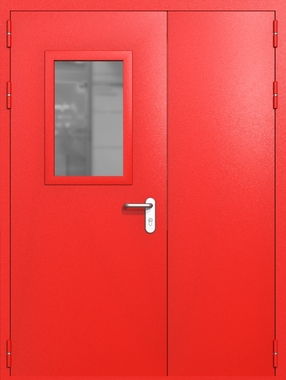 Полуторапольная дверь ei-60 со стеклом 600x400 и ручками хром (цвет красный RAL 3020)