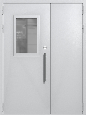 Полуторапольная техническая дверь со стеклом 600x400 (цвет светло-серый RAL 7047)