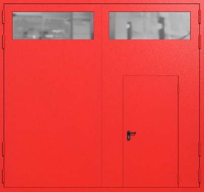 Распашные крупногабаритные ворота ei-60 с остеклением и калиткой (цвет красный RAL 3020) Распашные крупногабаритные ворота ei-60 с остеклением и калиткой (цвет красный RAL 3020)